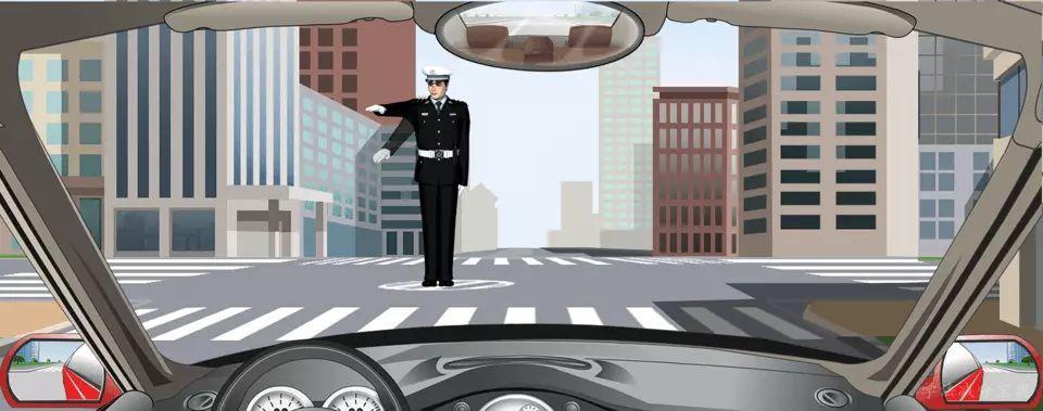 如图所示，交通警察发出这种手势信号时要减速慢行。-学法减分拍照搜题