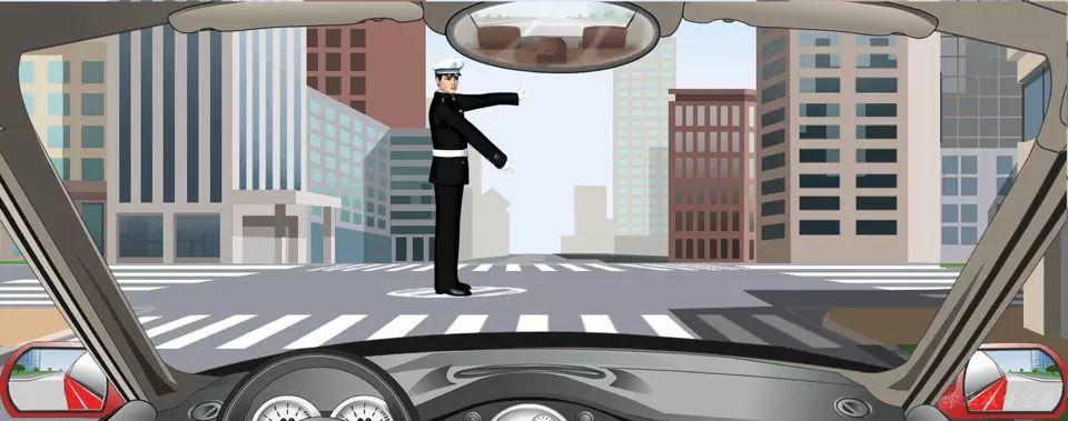 交通警察发出这种手势信号时允许在路口向右转弯。-学法减分拍照搜题